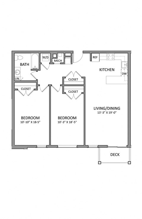 Floor plan for 2 beds, 1 bath, 1008 sqft